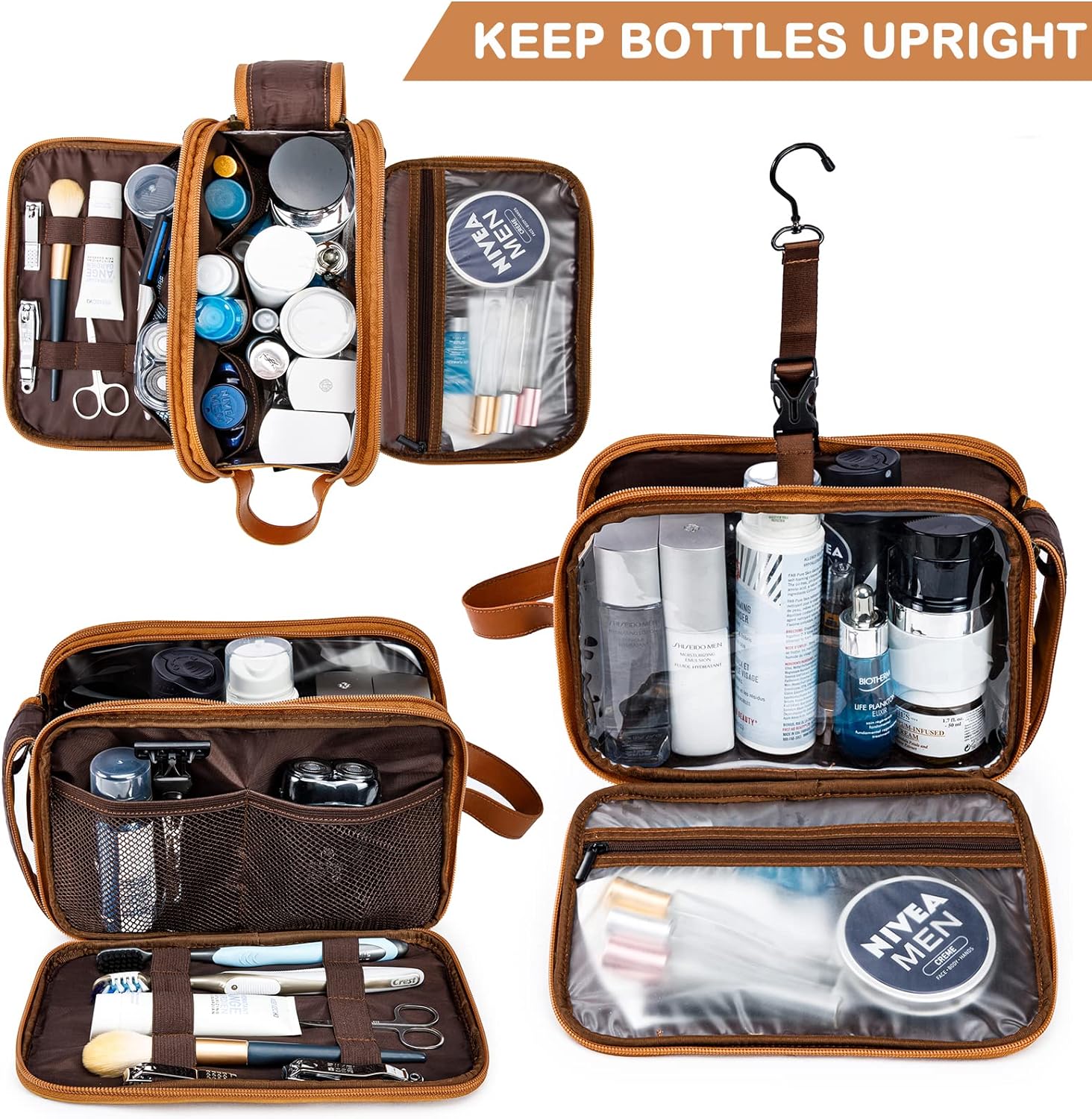 BAGSPRITE Toiletry Bag for Men， Travel Bag for Toiletries， Mens Toiletry Bag Shaving Dopp Kit Organizer， Large Water-resistant Travel Bathroom Bag for Traveling， Black/Brown - Image 8